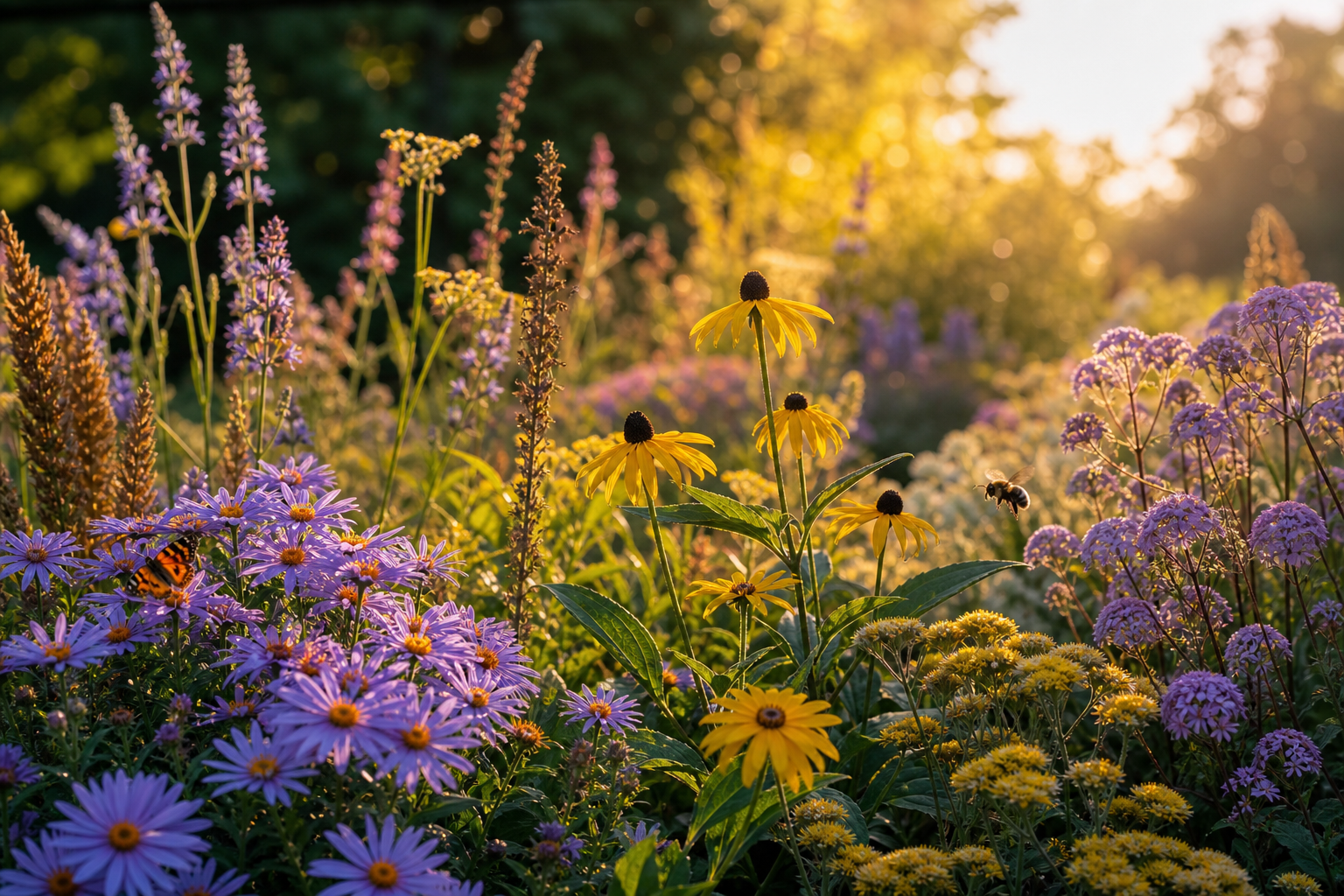 Een kleurrijke bloemenborder in warm avondlicht met insecten.