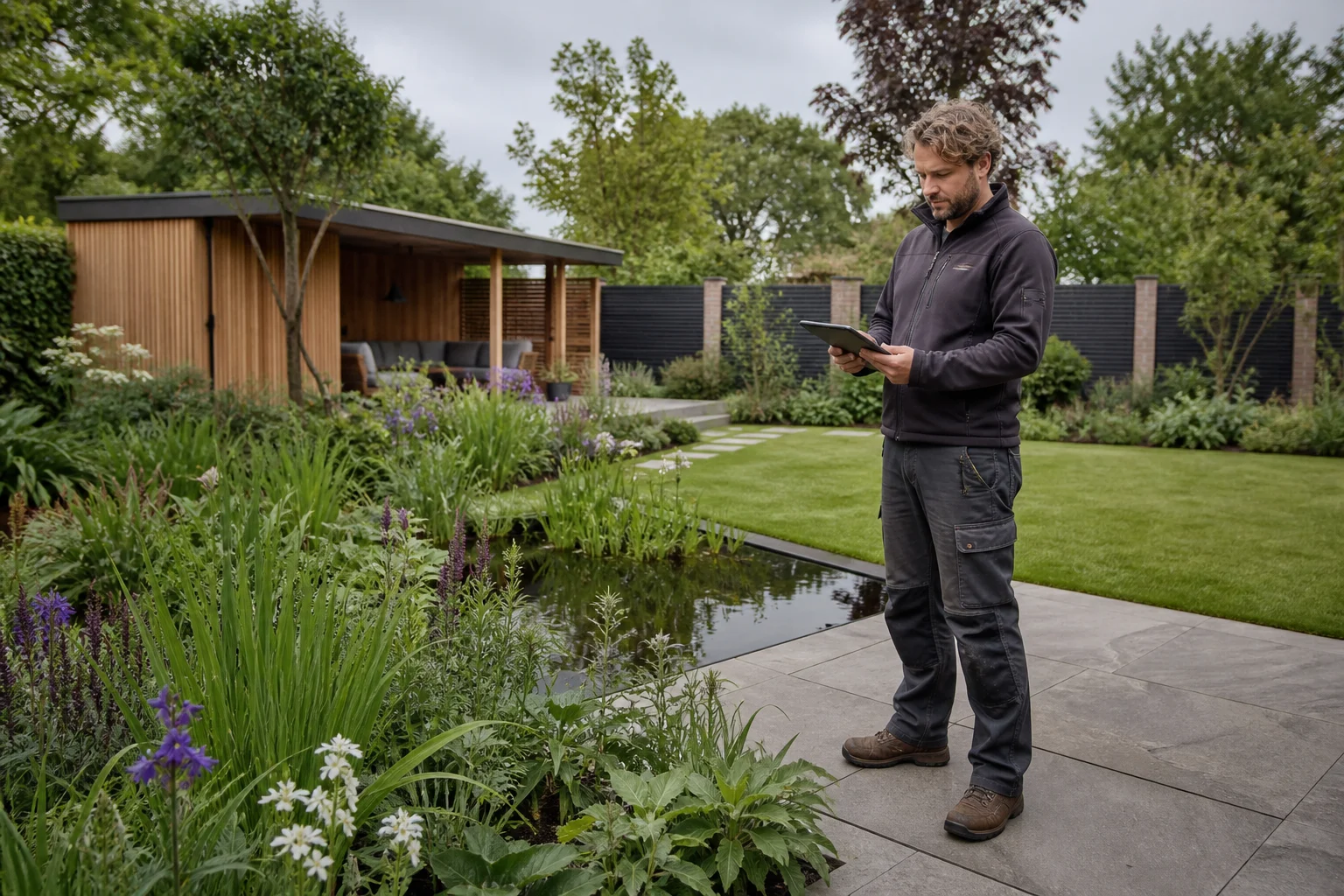 Een hovenier controleert een afgerond tuinproject op een tablet in de aangelegde tuin