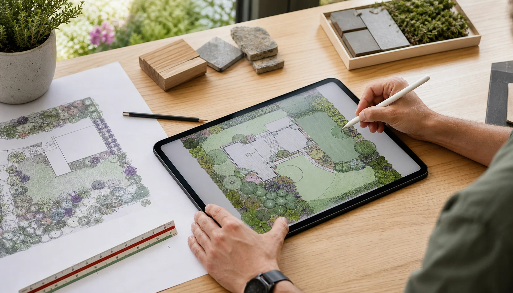 Een hovenier werkt een digitaal tuinontwerp op een tablet uit naast een beplantingsplan